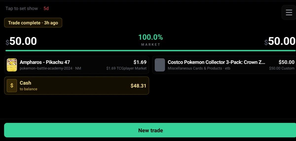 KOmpare TCG live trade screen showing vendor and customer columns